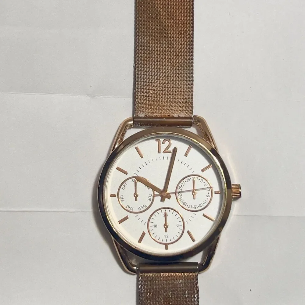 Womens Rose Gold Quartz Watch - 3 Sub Dials / 24hr Steel Mesh Band - New Battery